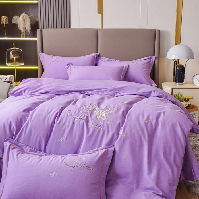 91家纺网 家纺一手货源 找家纺 艾迪尚家纺 2025新款纯色生态磨毛绣花单被套 蝶恋花-淡紫