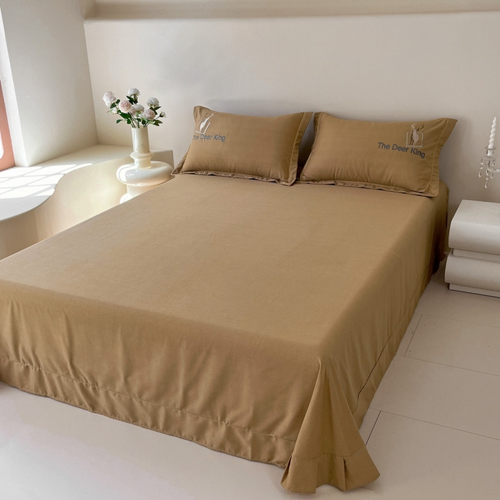 91家纺网 家纺一手货源 找家纺 艾迪尚家纺 2025新款纯色生态磨毛绣花单床笠 幸福树-驼色