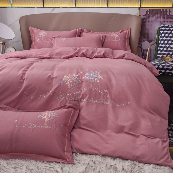 91家纺网 家纺一手货源 找家纺 艾迪尚家纺 2025新款纯色生态磨毛绣花单床笠 幸福树-豆沙