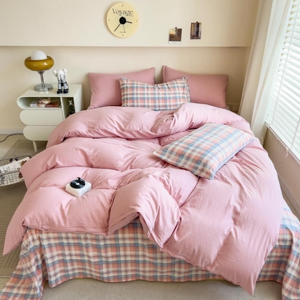 91家纺网 家纺一手货源 找家纺 总）人人爱家纺 2025新款无印良品水洗棉四件套简约格子学生宿舍单被套