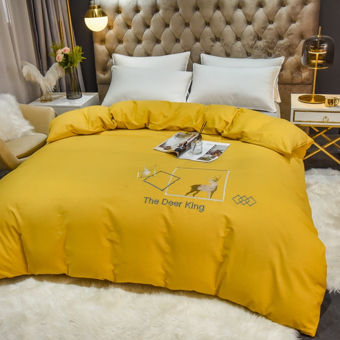 91家纺网 家纺一手货源 找家纺 艾迪尚家纺 2025新款纯色生态磨毛绣花单被套 麋鹿-姜黄