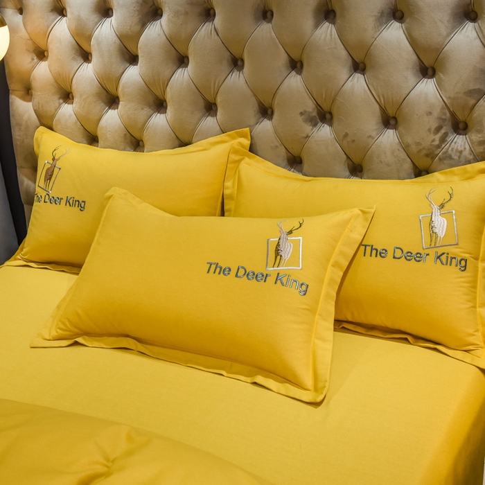 91家纺网 家纺一手货源 找家纺 艾迪尚家纺 2025新款纯色生态磨毛绣花四件套 麋鹿-姜黄