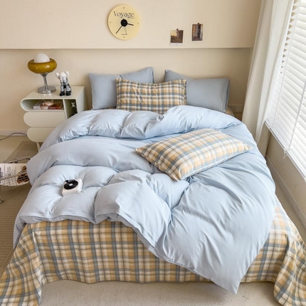 91家纺网 家纺一手货源 找家纺 总）人人爱家纺 2025新款无印良品水洗棉四件套简约格子学生宿舍单被套