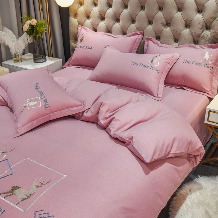 91家纺网 家纺一手货源 找家纺 艾迪尚家纺 2025新款纯色生态磨毛绣花单床单 麋鹿-豆沙