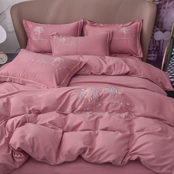 91家纺网 家纺一手货源 找家纺 艾迪尚家纺 2025新款纯色生态磨毛绣花单床单 幸福树-豆沙