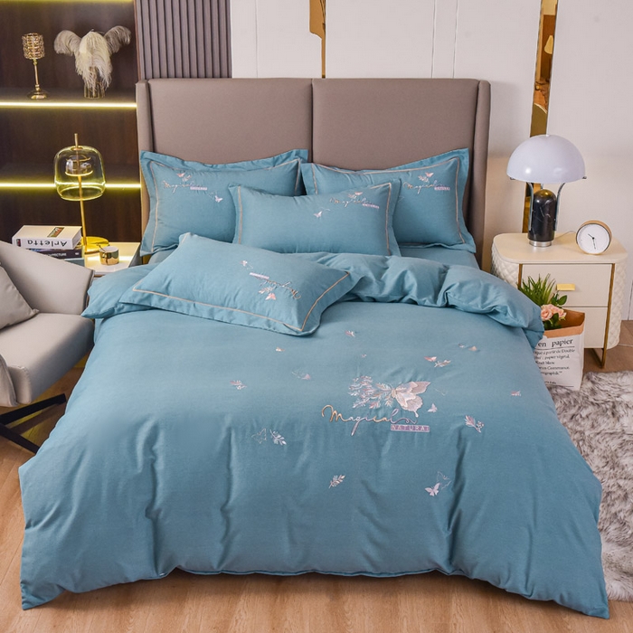 91家纺网 家纺一手货源 找家纺 艾迪尚家纺 2025新款纯色生态磨毛绣花单床单 蝶恋花-天蓝