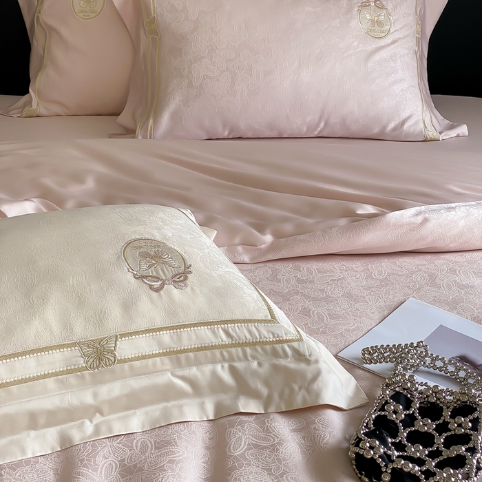 91家纺网 家纺一手货源 找家纺 MIU缪家居 2024新款100支天丝棉 （提花）自由之蝶系列四件套 自由之蝶-粉