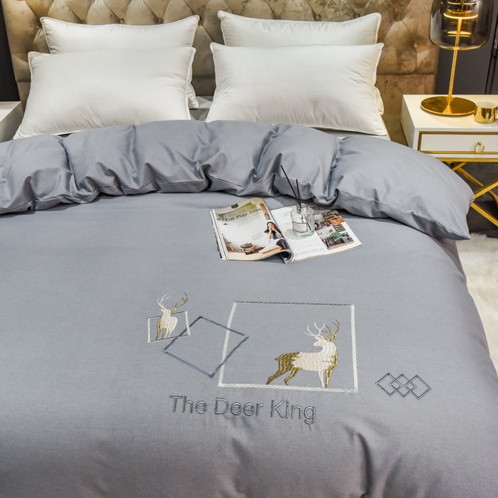 91家纺网 家纺一手货源 找家纺 艾迪尚家纺 2025新款纯色生态磨毛绣花单床单 麋鹿-高级灰