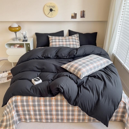 91家纺网 家纺一手货源 找家纺 总）人人爱家纺 2025新款无印良品水洗棉四件套简约格子学生宿舍单被套