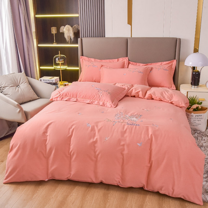 91家纺网 家纺一手货源 找家纺 艾迪尚家纺 2025新款纯色生态磨毛绣花四件套 蝶恋花-暖玉