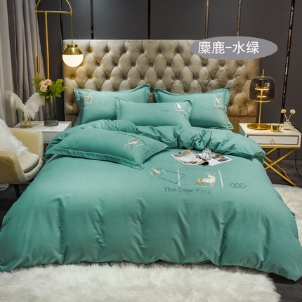 艾迪尚家纺 2025新款纯色生态磨毛绣花单被套 麋鹿-水绿