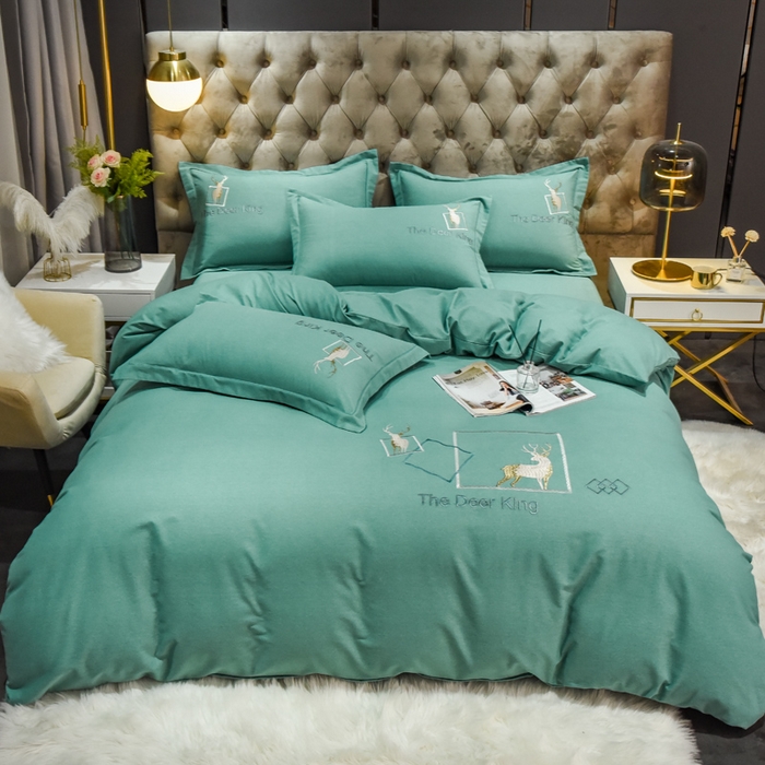 91家纺网 家纺一手货源 找家纺 艾迪尚家纺 2025新款纯色生态磨毛绣花单床单 麋鹿-水绿