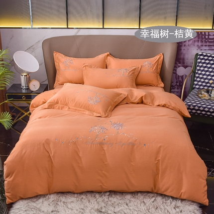 91家纺网 家纺一手货源 找家纺 艾迪尚家纺 2025新款纯色生态磨毛绣花单床笠 幸福树-桔黄