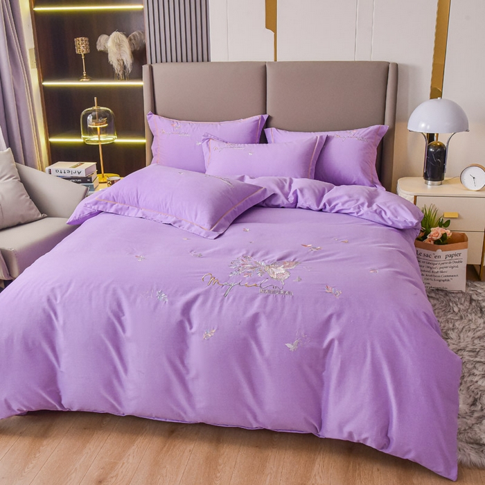 91家纺网 家纺一手货源 找家纺 艾迪尚家纺 2025新款纯色生态磨毛绣花四件套 蝶恋花-淡紫
