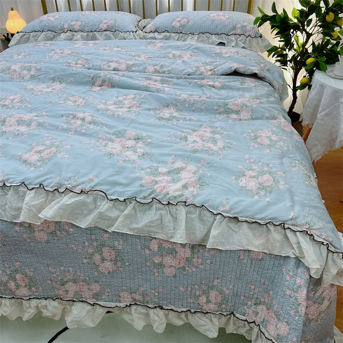 91家纺网 家纺一手货源 找家纺 （总）暖居 2024新款韩系大花边夏被砂洗棉花床盖四件套可机洗+同款纯棉被套