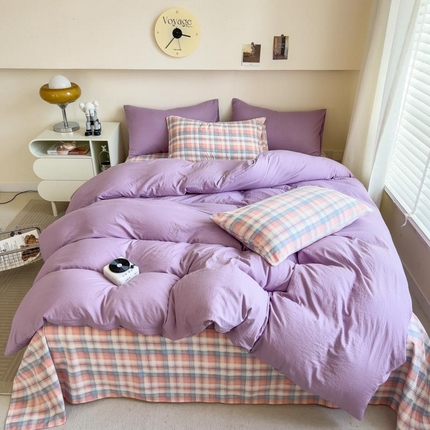 91家纺网 家纺一手货源 找家纺 总）人人爱家纺 2025新款无印良品水洗棉四件套简约格子学生宿舍单被套