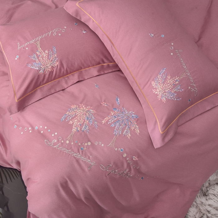 91家纺网 家纺一手货源 找家纺 艾迪尚家纺 2025新款纯色生态磨毛绣花四件套 幸福树-豆沙