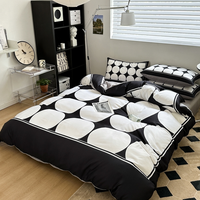 91家纺网 家纺一手货源 找家纺 摩卡 2024春夏新品进口水洗真丝现代简约系列四件套 圆舞曲-黑