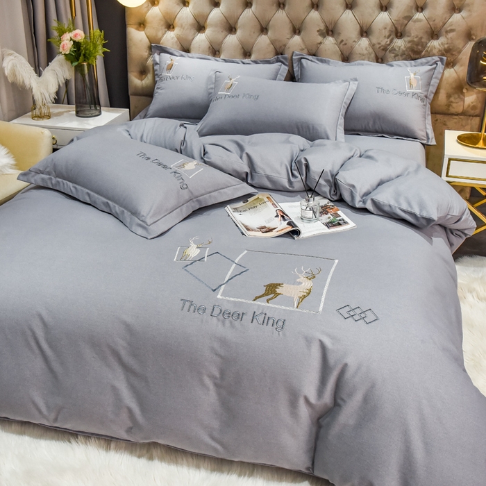 91家纺网 家纺一手货源 找家纺 艾迪尚家纺 2025新款纯色生态磨毛绣花单床单 麋鹿-高级灰