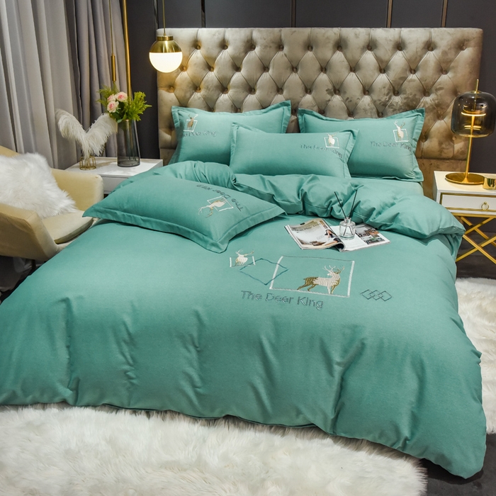 91家纺网 家纺一手货源 找家纺 艾迪尚家纺 2025新款纯色生态磨毛绣花四件套 麋鹿-水绿