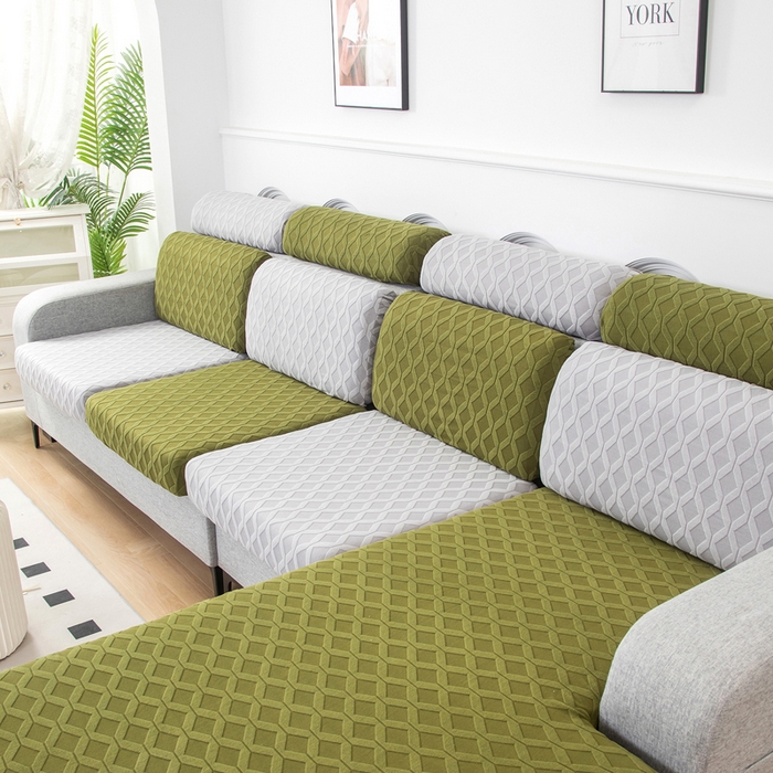 91家纺网 家纺一手货源 找家纺 千彤沙发垫 2024新款常规款拉花菱形格沙发套系列 橄榄绿银灰