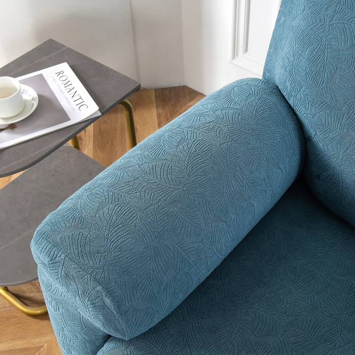 91家纺网 家纺一手货源 找家纺 千彤沙发垫 2024新款芝华士沙发套提花小树叶系列 水蓝
