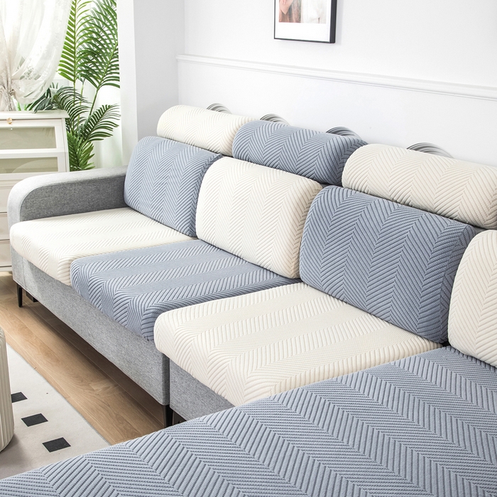 91家纺网 家纺一手货源 找家纺 千彤沙发垫 2024新款常规款拉花人字纹沙发套系列 蓝灰米黄