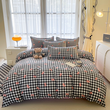 宏源家纺 2024新款亲肤芦荟棉印花四件套-四月新品 格子蝴蝶结