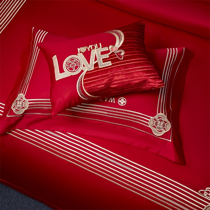 91家纺网 家纺一手货源 找家纺 高大尚婚庆馆 2025新款长绒棉囍嫁系列婚庆四件套 格调