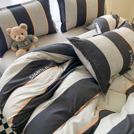 宏源家纺 2024新款亲肤芦荟棉印花四件套-四月新品 条纹灰