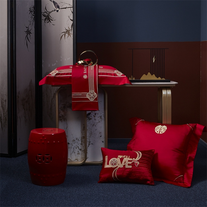 91家纺网 家纺一手货源 找家纺 高大尚婚庆馆 2025新款长绒棉囍嫁系列婚庆四件套 格调