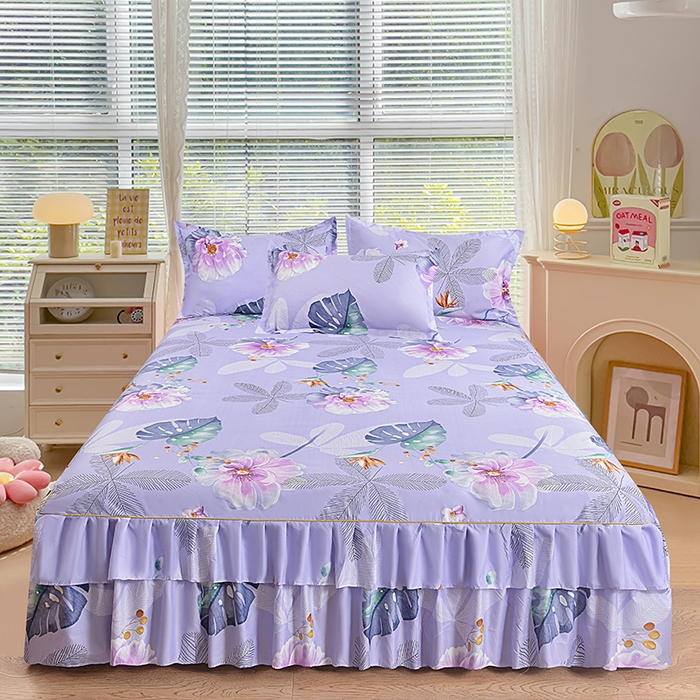 91家纺网 家纺一手货源 找家纺 小雨家纺 2026新款芦荟棉单件床裙+床裙三件套 阳光花朵莲