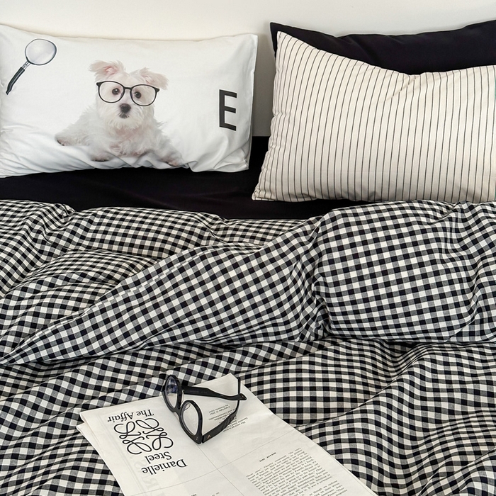 91家纺网 家纺一手货源 找家纺 艾沁家纺 2024新款黑白简约风全棉色织水洗棉四件套  小黑格