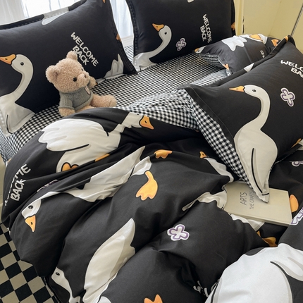 宏源家纺 2024新款亲肤芦荟棉印花四件套-四月新品 黑天鹅