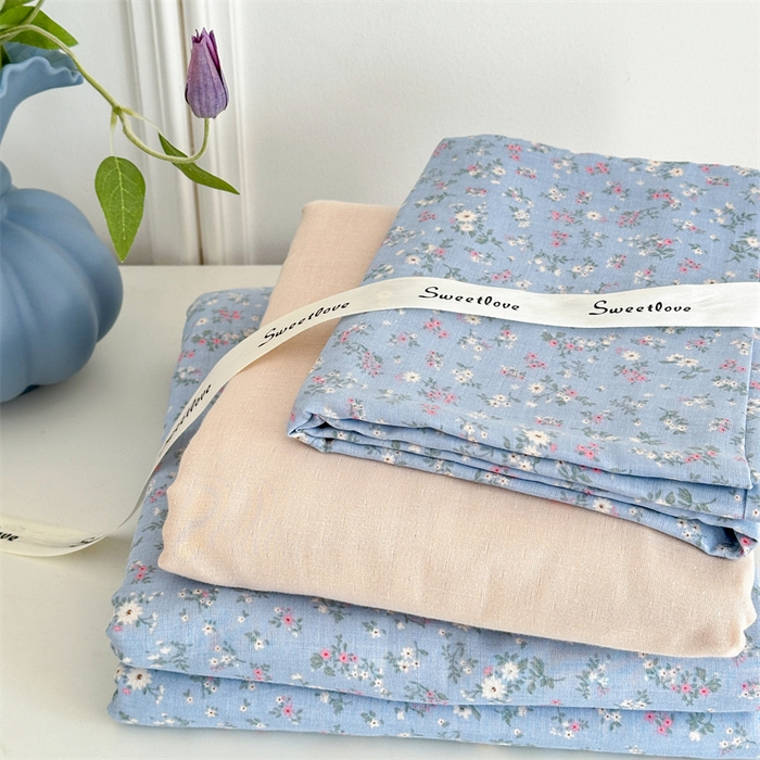 91家纺网 家纺一手货源 找家纺 曼之夏 2024新款全棉印花双层纱四件套 蓝韵