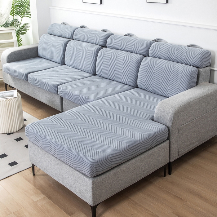 91家纺网 家纺一手货源 找家纺 千彤沙发垫 2024新款常规款拉花人字纹沙发套系列 蓝灰