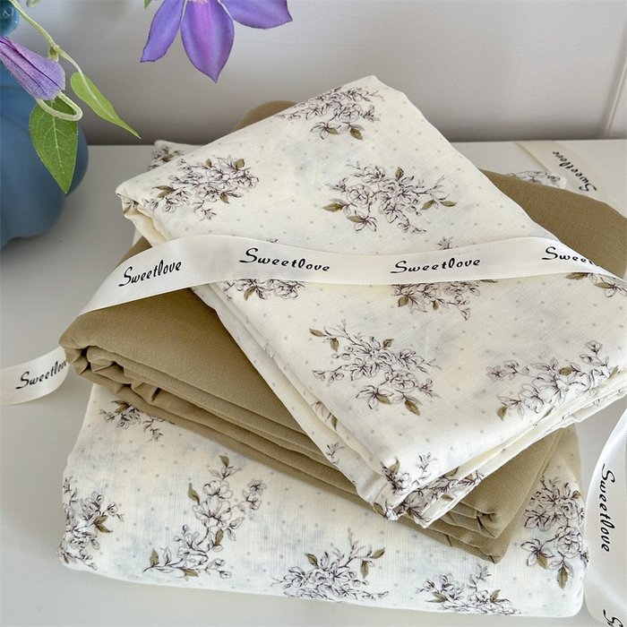 91家纺网 家纺一手货源 找家纺 曼之夏 2024新款全棉印花双层纱四件套 木棉花