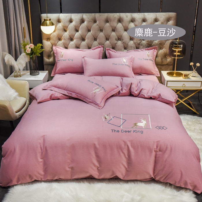 91家纺网 家纺一手货源 找家纺 艾迪尚家纺 2025新款纯色生态磨毛绣花单床单 麋鹿-豆沙