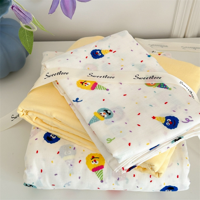 91家纺网 家纺一手货源 找家纺 曼之夏 2024新款全棉印花双层纱四件套 圣代小丑