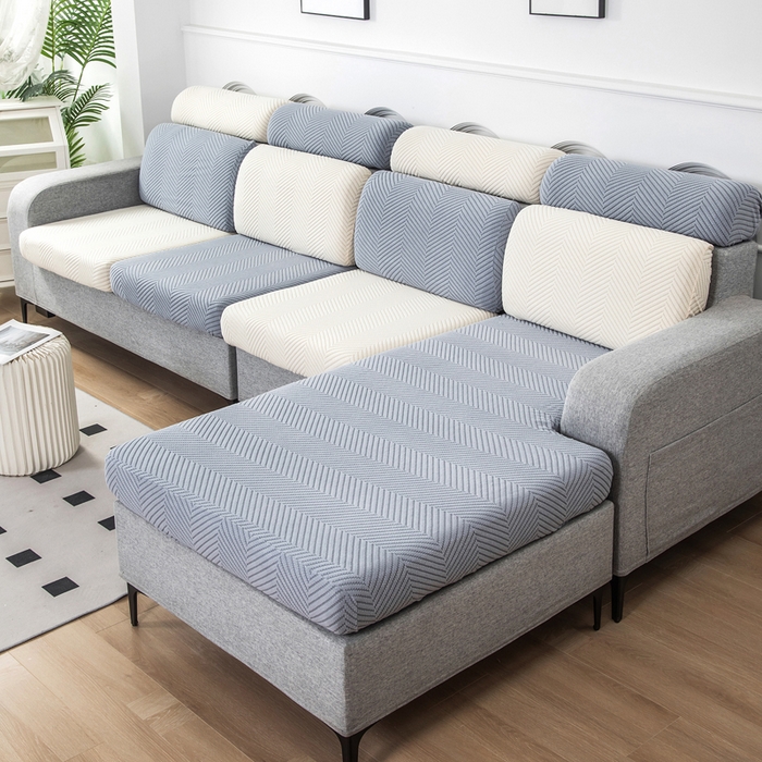 91家纺网 家纺一手货源 找家纺 千彤沙发垫 2024新款常规款拉花人字纹沙发套系列 蓝灰米黄