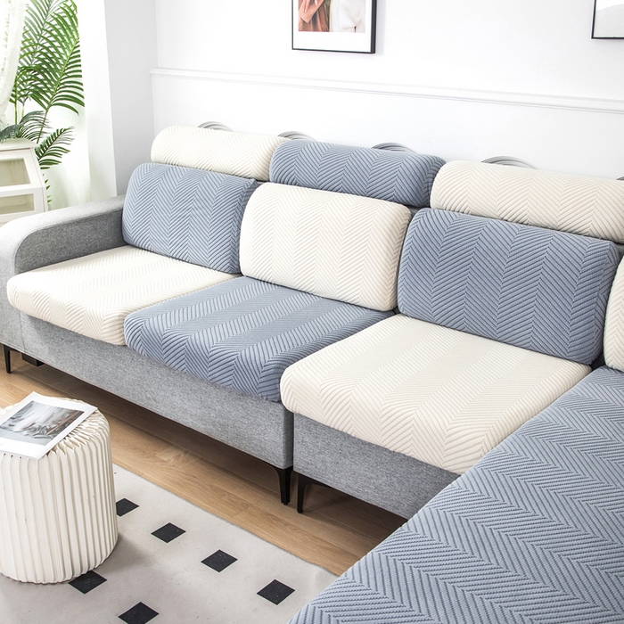 91家纺网 家纺一手货源 找家纺 千彤沙发垫 2024新款常规款拉花人字纹沙发套系列 蓝灰米黄