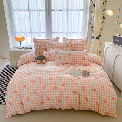 宏源家纺 2024新款亲肤芦荟棉印花四件套-四月新品 蝴蝶结粉