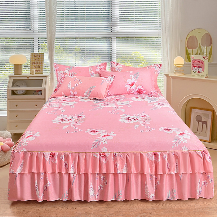 91家纺网 家纺一手货源 找家纺 小雨家纺 2026新款芦荟棉单件床裙+床裙三件套 春风画梦