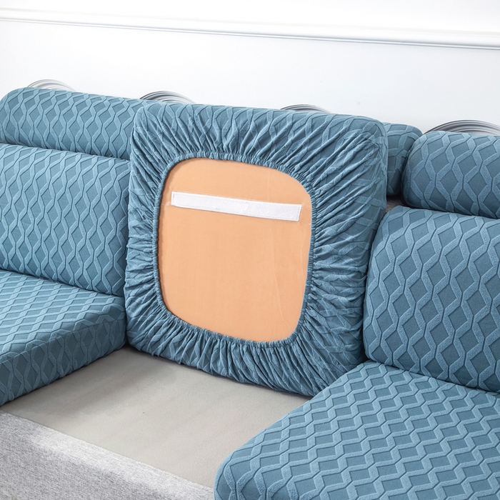 91家纺网 家纺一手货源 找家纺 千彤沙发垫 2024新款常规款拉花菱形格沙发套系列 水蓝