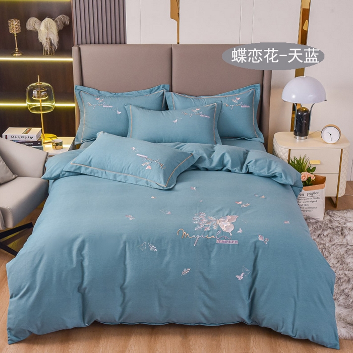 91家纺网 家纺一手货源 找家纺 艾迪尚家纺 2025新款纯色生态磨毛绣花单床单 蝶恋花-天蓝