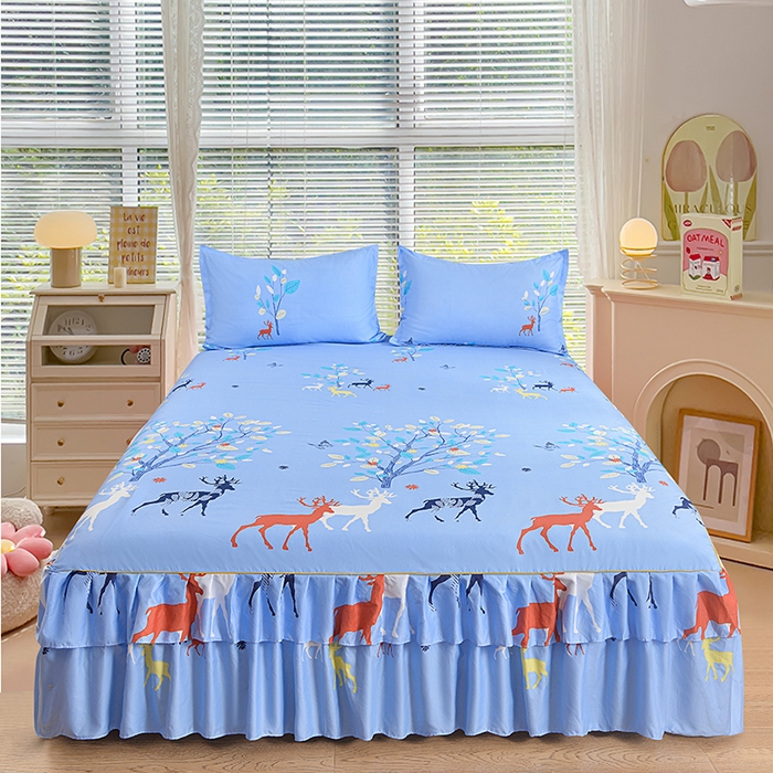 91家纺网 家纺一手货源 找家纺 小雨家纺 2026新款芦荟棉单件床裙+床裙三件套 麋鹿森林