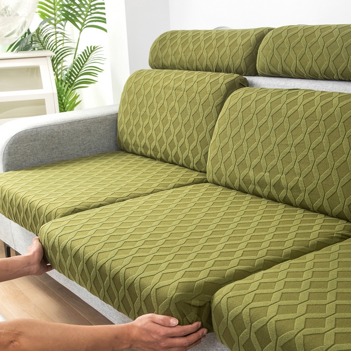 91家纺网 家纺一手货源 找家纺 千彤沙发垫 2024新款常规款拉花菱形格沙发套系列 橄榄绿