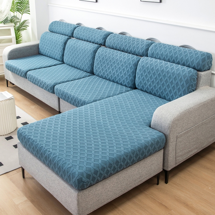 91家纺网 家纺一手货源 找家纺 千彤沙发垫 2024新款常规款拉花菱形格沙发套系列 水蓝
