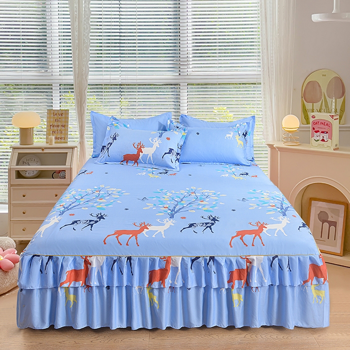 91家纺网 家纺一手货源 找家纺 小雨家纺 2026新款芦荟棉单件床裙+床裙三件套 麋鹿森林