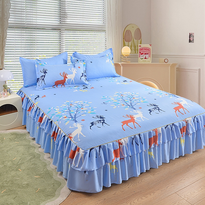 91家纺网 家纺一手货源 找家纺 小雨家纺 2026新款芦荟棉单件床裙+床裙三件套 麋鹿森林